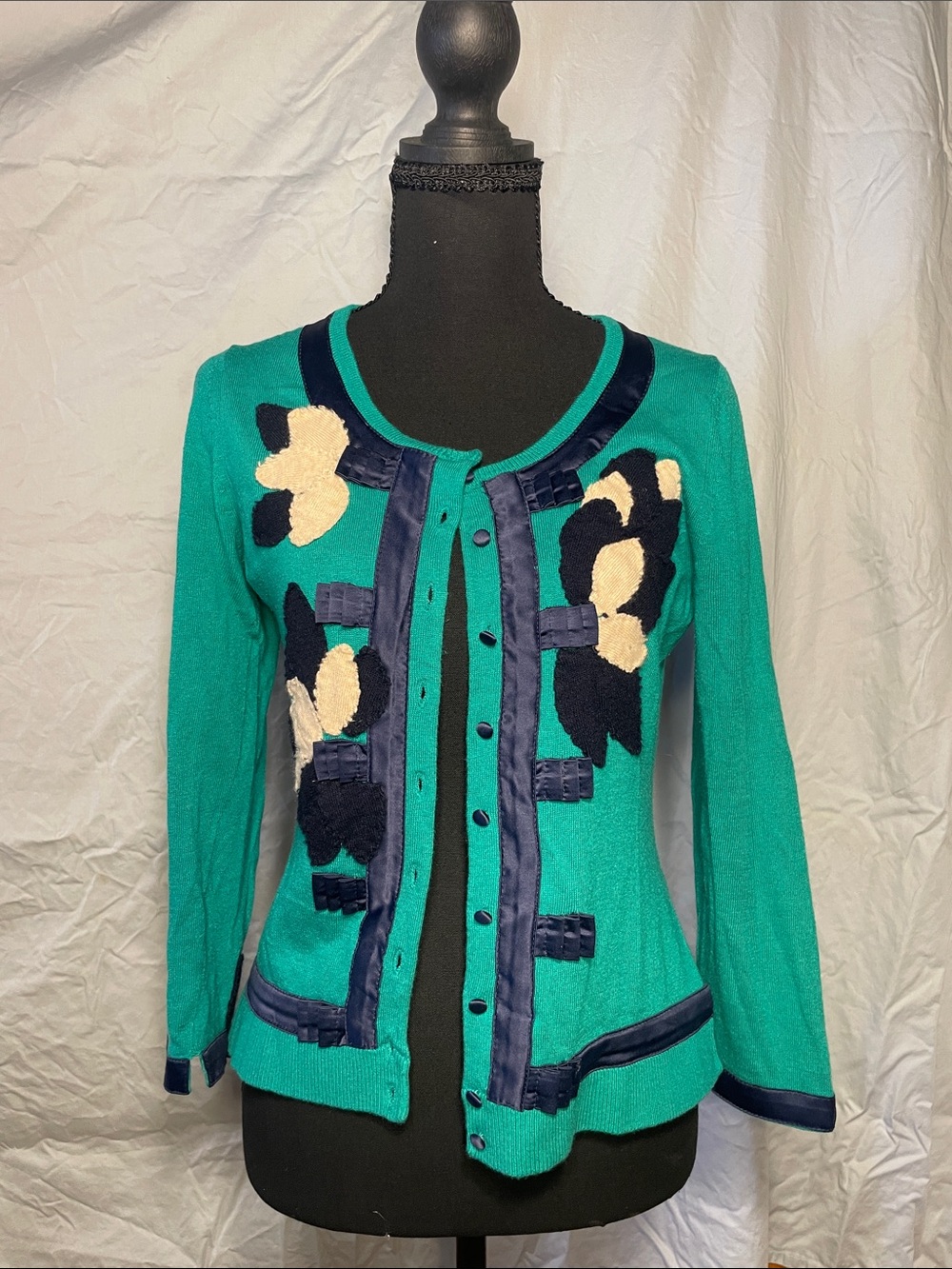 Teal Floral Appliqué Cardigan with Navy Trim